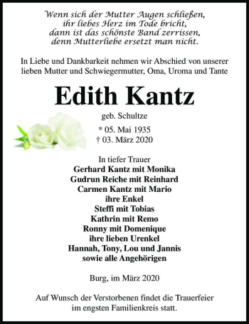 Traueranzeige von Edith Kantz (geb. Schultze)  von Magdeburger Volksstimme