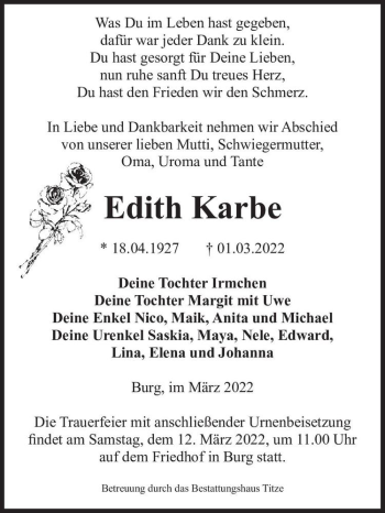 Traueranzeige von Edith Karbe  von Magdeburger Volksstimme