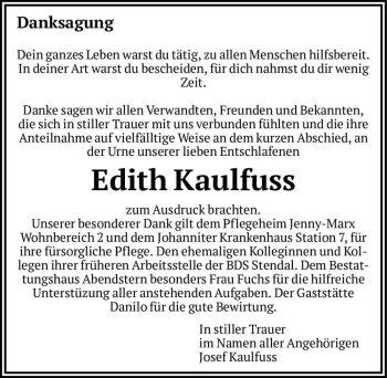 Traueranzeige von Edith Kaulfuss  von Magdeburger Volksstimme