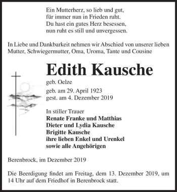 Traueranzeige von Edith Kausche (geb. Oelze)  von Magdeburger Volksstimme