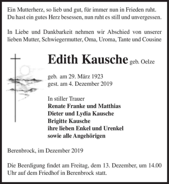 Traueranzeige von Edith Kausche (geb. Oelze)  von Magdeburger Volksstimme