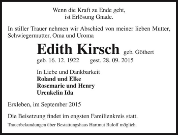 Traueranzeige von Edith Kirsch (geb. Göthert)  von Magdeburger Volksstimme