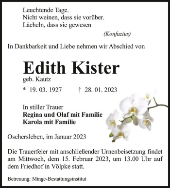 Traueranzeige von Edith Kister (geb. Kautz)  von Magdeburger Volksstimme