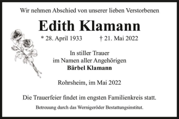 Traueranzeige von Edith Klamann  von Magdeburger Volksstimme