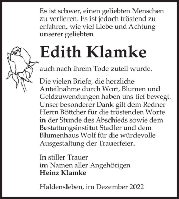 Traueranzeige von Edith Klamke  von Magdeburger Volksstimme