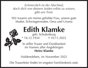 Traueranzeige von Edith Klamke (geb. Schulenburg)  von Magdeburger Volksstimme