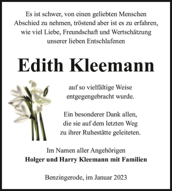Traueranzeige von Edith Kleemann  von Magdeburger Volksstimme