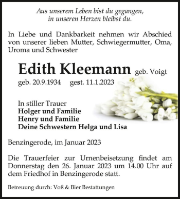 Traueranzeige von Edith Kleemann (geb. Voigt)  von Magdeburger Volksstimme