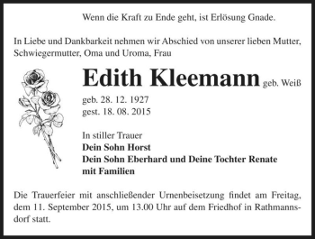 Traueranzeige von Edith Kleemann (geb. Weiß)  von Magdeburger Volksstimme