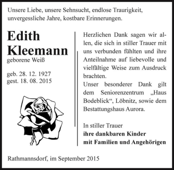 Traueranzeige von Edith Kleemann (geb. Weiß)  von Magdeburger Volksstimme