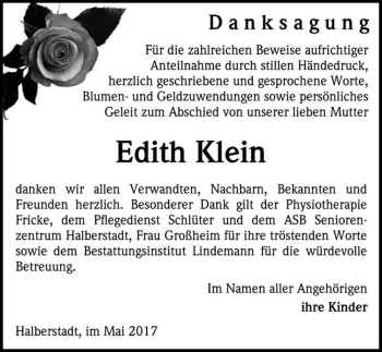 Traueranzeige von Edith Klein  von Magdeburger Volksstimme