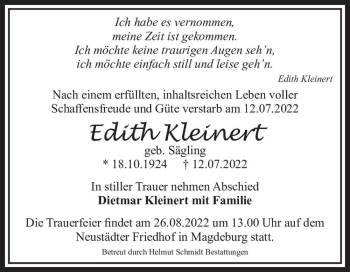 Traueranzeige von Edith Kleinert (geb. Sägling)  von Magdeburger Volksstimme