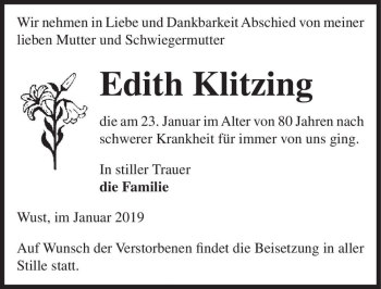 Traueranzeige von Edith Klitzing  von Magdeburger Volksstimme