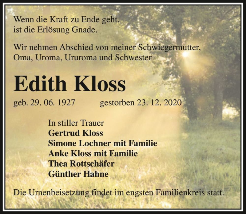  Traueranzeige für Edith Kloss  vom 30.12.2020 aus Magdeburger Volksstimme