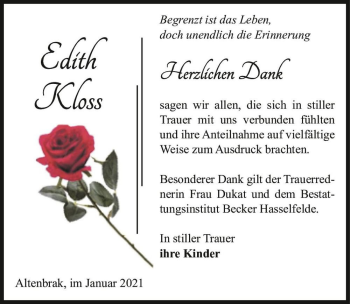 Traueranzeige von Edith Kloss  von Magdeburger Volksstimme