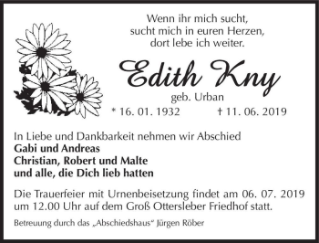 Traueranzeige von Edith Kny (geb. Urban)  von Magdeburger Volksstimme