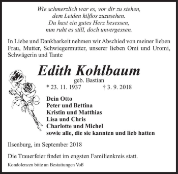 Traueranzeige von Edith Kohlbaum (geb. Bastian)  von Magdeburger Volksstimme