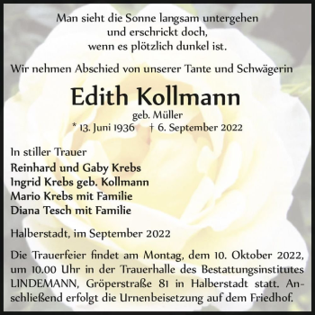 Traueranzeige von Edith Kollmann (geb. Müller)  von Magdeburger Volksstimme
