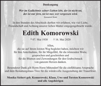 Traueranzeige von Edith Komorowski  von Magdeburger Volksstimme