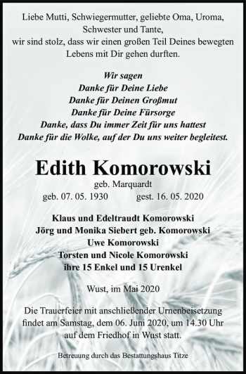 Traueranzeige von Edith Komorowski (geb. Marquardt)  von Magdeburger Volksstimme