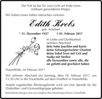 Traueranzeige von Edith Krebs (geb. Schubert)  von Magdeburger Volksstimme