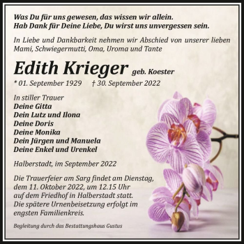 Traueranzeige von Edith Krieger (geb. Koester)  von Magdeburger Volksstimme