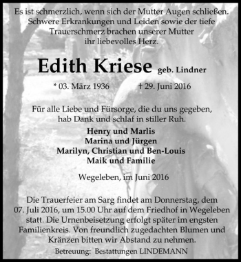 Traueranzeige von Edith Kriese (geb. Lindner)  von Magdeburger Volksstimme