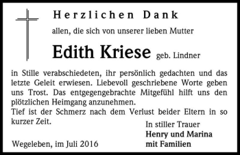 Traueranzeige von Edith Kriese (geb. Lindner)  von Magdeburger Volksstimme