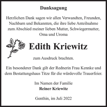 Traueranzeige von Edith Kriewitz  von Magdeburger Volksstimme