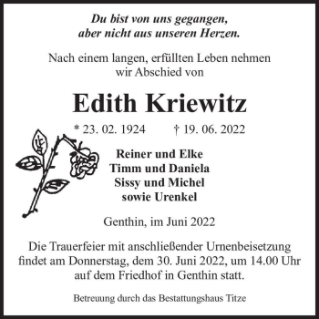 Traueranzeige von Edith Kriewitz  von Magdeburger Volksstimme