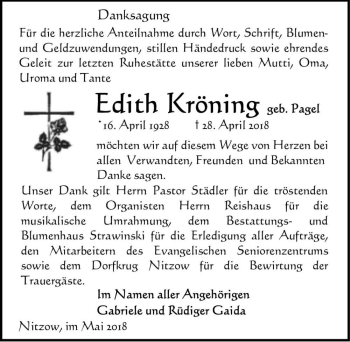 Traueranzeige von Edith Kröning (geb. Pagel)  von Magdeburger Volksstimme