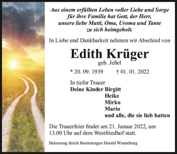 Traueranzeige von Edith Krügerr (geb. Jeßel)  von Magdeburger Volksstimme