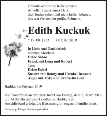 Traueranzeige von Edith Kuckuk  von Magdeburger Volksstimme
