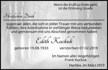 Traueranzeige von Edith Kuckuk  von Magdeburger Volksstimme