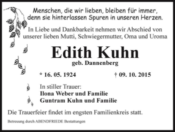 Traueranzeige von Edith Kuhn (geb. Dannenberg)  von Magdeburger Volksstimme