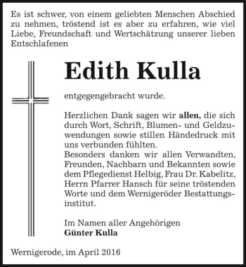 Traueranzeige von Edith Kulla  von Magdeburger Volksstimme