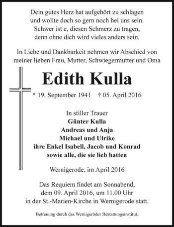 Traueranzeige von Edith Kulla  von Magdeburger Volksstimme