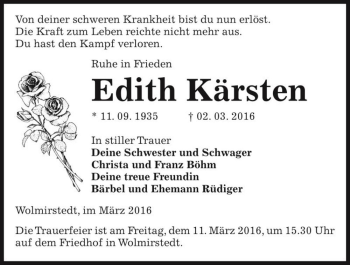 Traueranzeige von Edith Kärsten  von Magdeburger Volksstimme