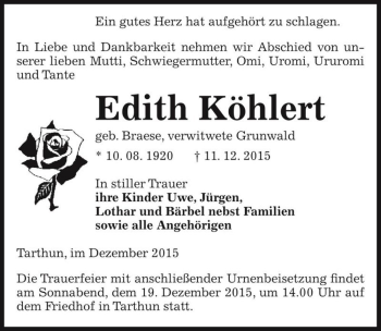Traueranzeige von Edith Köhlert (geb. Braese, verw. Grunwald)  von Magdeburger Volksstimme