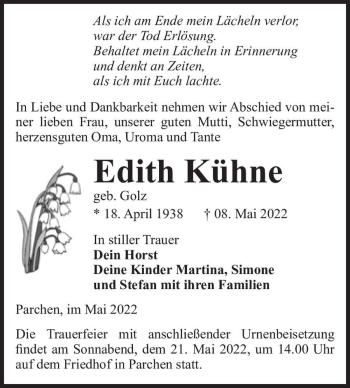 Traueranzeige von Edith Kühne (geb. Golz)  von Magdeburger Volksstimme
