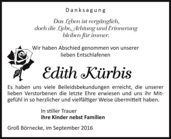 Traueranzeige von Edith Kürbis  von Magdeburger Volksstimme