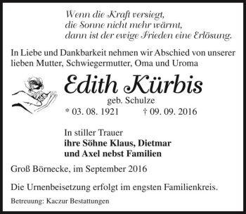 Traueranzeige von Edith Kürbis (geb. Schulze)  von Magdeburger Volksstimme