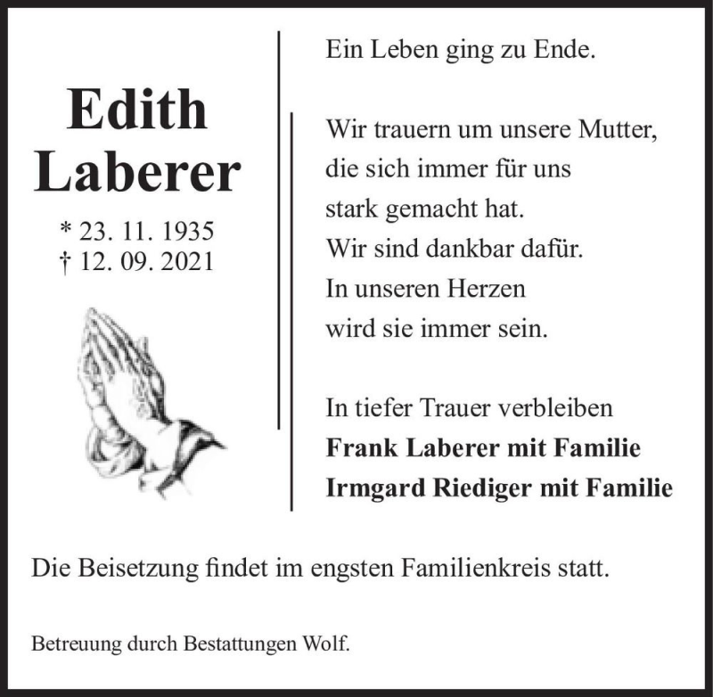  Traueranzeige für Edith Laberer  vom 18.09.2021 aus Magdeburger Volksstimme