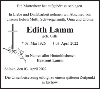 Traueranzeige von Edith Lamm (geb. Gille)  von Magdeburger Volksstimme