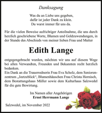 Traueranzeige von Edith Lange  von Magdeburger Volksstimme
