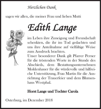 Traueranzeige von Edith Lange  von Magdeburger Volksstimme