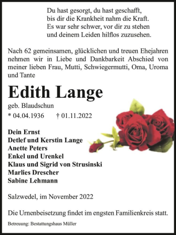 Traueranzeige von Edith Lange (geb. Blaudschun)  von Magdeburger Volksstimme