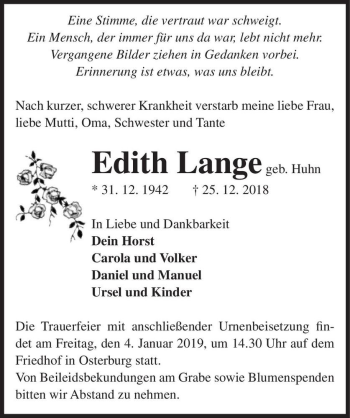 Traueranzeige von Edith Lange (geb. Huhn)  von Magdeburger Volksstimme