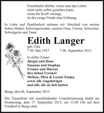 Traueranzeige von Edith Langer (geb. Otte)  von Magdeburger Volksstimme