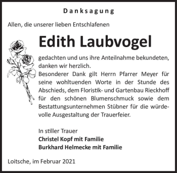 Traueranzeige von Edith Laubvogel  von Magdeburger Volksstimme